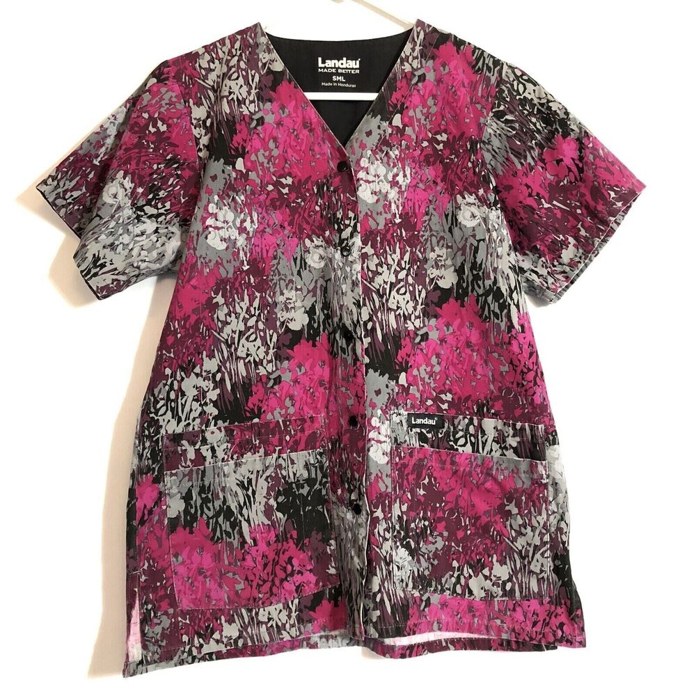 Landau Womens Scrub Top Size Small Pink Gray Black Floral Snap Pockets - Picture 2 of 10
